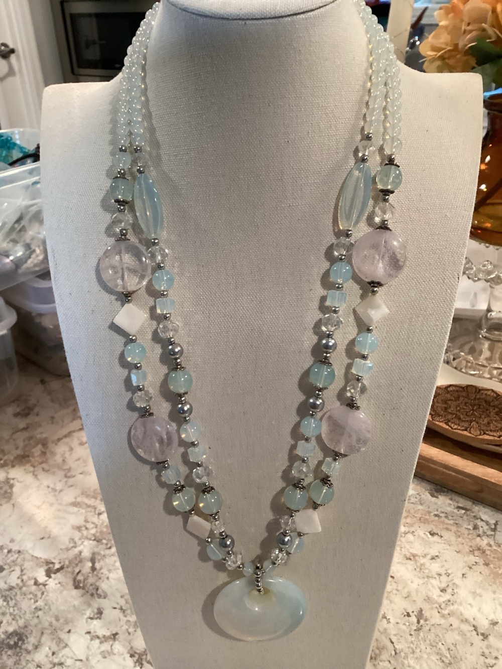 Artisan Crafted Opalite Multi-Bead 2 Strand Pendant Necklace
